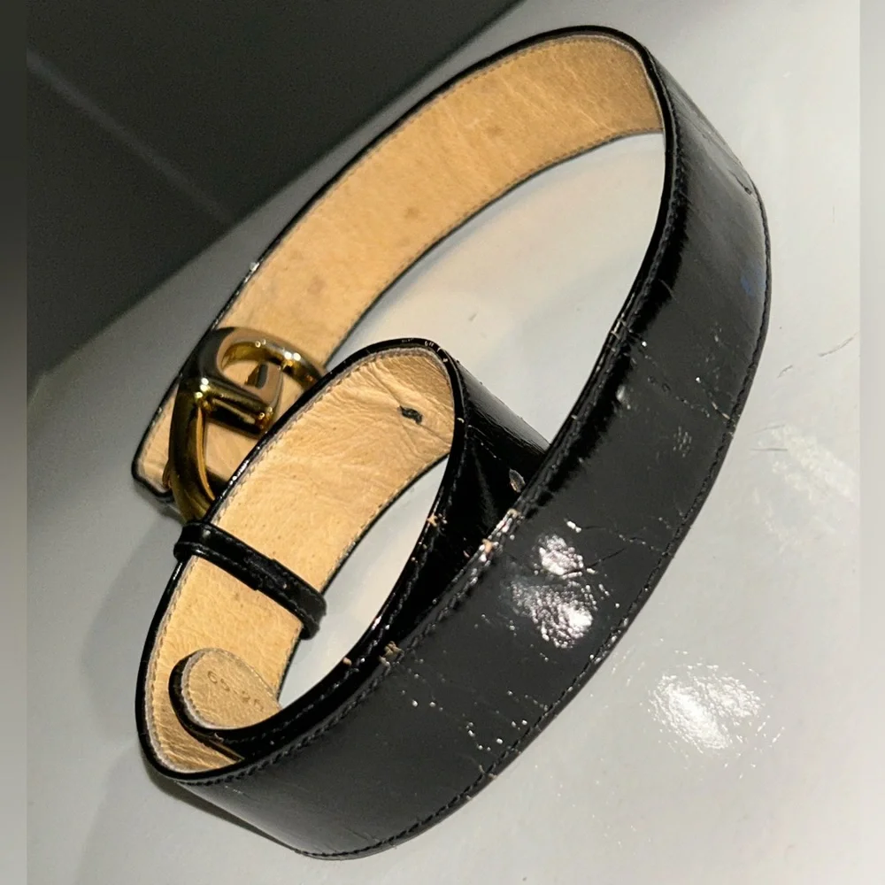 Vintage Gucci Black Patent Leather Belt w/ Gold & Silver GG Buckle size 26